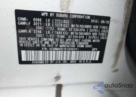 2019 Subaru Ascent Touring z USA, uszkodzony, nr VIN 4S4WMARD1K3406991